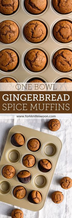 one bowl gingerbread spice muffins in a cupcake pan and another image with text overlay