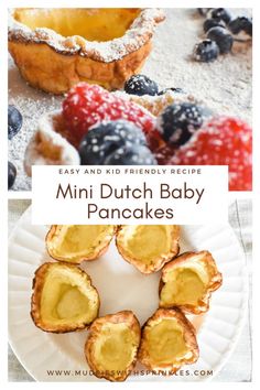 mini dutch baby pancakes with berries and blueberries in the background