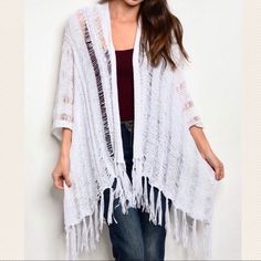 Sonnet Kimono Tassel Boho Cardigan Cover Up. Swim Suit Cover Up Perfect. Asymmetric Cut. Size Small/Medium On Display. Measurements Are Approximate/Lay Flat Condition - New With Tags Small/Medium: Pit To Pit 43” Length Longest Point Including Fringe 44” Wanderlust Blogger Style Boho Bohemian Gypsy Hippie Tribal Layering Western Cover Up Kimono Festival Urban Chic Trendy Trending Rodeo Beach Wear Swimsuit Anthropologie Free People For Love & Lemons Spell & The Gypsy Collective Johnny Was Spring Beach Cardigan With Fringe, White Poncho For Layering, One Size Tassel Poncho For Spring, Long Cardigan With Tassels, One Size Spring Poncho With Tassels, Spring Poncho One Size With Tassels, Spring Poncho With Tassels, Spring Poncho With Tassels One Size, Spring Fringe Poncho One Size