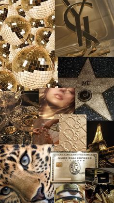 the collage shows many different things that are in this photo, including gold and black