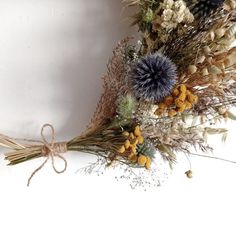 dried flowers are arranged on a white surface