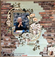 an altered photograph of a woman sitting in front of a brick wall with flowers on it