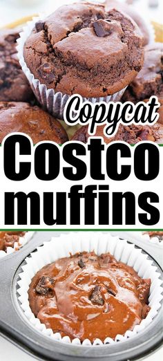 chocolate muffins with text overlay that reads copybeater costco muffins