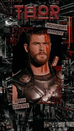 a collage of the character thor with words on it and images of other characters