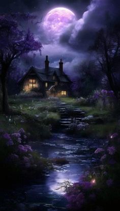 an image of a night scene with a house by the river and full moon in the sky