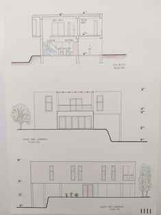 an architectural drawing of two buildings with windows and balconies on the second floor