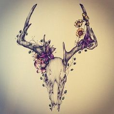 a drawing of a deer skull with flowers on it's antlers and horns