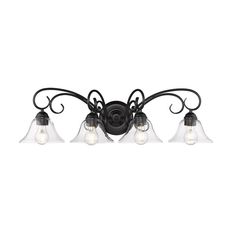 three light bathroom fixture with glass shades and wrought iron finish on the bottom, in an antique style