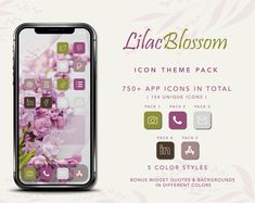 the lilac blossom icon pack is displayed on an iphone case with text and icons