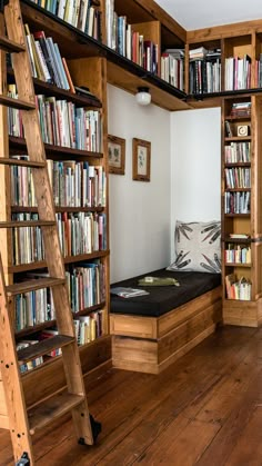 there is a bunk bed in the room with bookshelves