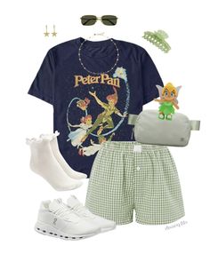 Disney World Outfit, Peter Pan themed, Tinkerbell outfit Inspo, Peter Pan T-Shirt, Boxer Shorts Women, Tinkerbell, Disneyworld, Hollywood Studios, Magic Kingdom, Peter Pan's Flight, Lululemon belt bag, cute disney clothes, Disney Parks Alt Disneyland Outfits, Disneyland Outfits Princess, Disney Outfits Hot Weather, Wendy Darling Inspired Outfits, Disney World Outfits Aesthetic, Tinkerbell Disney Outfit, Disney Outfits Skirt, Magic Kingdom Disneybound, Cute Disney World Outfits Women