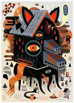 an illustration of a dog with orange eyes and a house on it's head