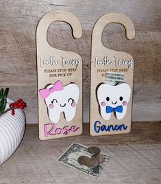 Make your child's tooth-losing experience even more magical with this Tooth Fairy Door Hanger, crafted with laser-cut birch wood and acrylic paint! Choose your hanger with a boy or girl design, and personalize with a name – or leave blank to use for the entire family. Triple layer tooth cup keeps money safe and secure - though we don't suggest leaving it there for too long! Make every tooth loss a special one! Tooth Fairy Door Hanger, Tooth Fairy Door, Tooth Fairy Doors, Basic Girl, Money Safe, Wood And Acrylic, Fairy Door, Tooth Fairy, Birch Wood