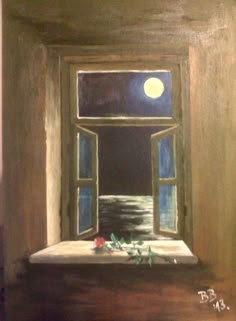 a painting of an open window at night with the moon in the sky above it