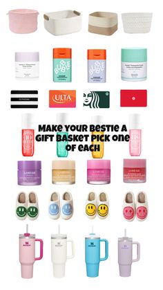 many different types of items with the words make your beste a gift basket pick one off each