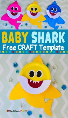 baby shark paper plate craft is shown with the words baby shark free printable on it