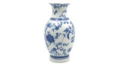 a blue and white vase with flowers on it