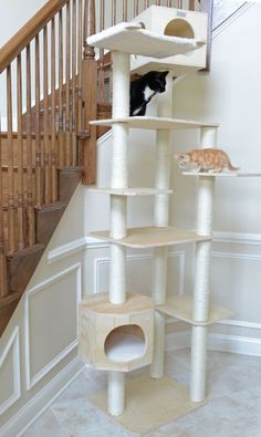 a cat tree with two cats in it next to a stair case and banister