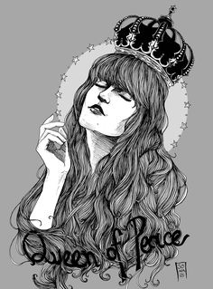 a black and white drawing of a woman with long hair wearing a crown on her head