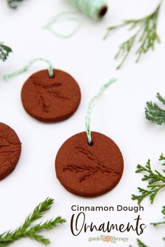 homemade cinnamon dough ornaments with twine on white background