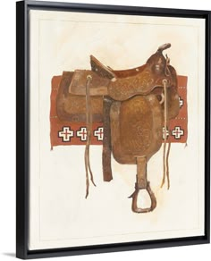 a drawing of a saddle on display in a museum exhibit with white background and brown border