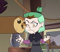 a cartoon character with green hair and an owl on her head, holding his hands out