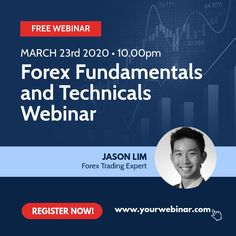 the forex technicals and technical webinar flyer with an image of a man smiling