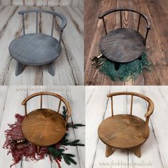 four different chairs made out of wood and metal