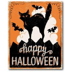 a happy halloween sign with a black cat on it's back and bats in the background