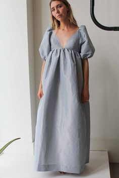 Ganni Shiny Taffeta Long Dress - Powder Blue Ganni Dress, Denim Outerwear, Summer Linen, Silk Slip Dress, Patchwork Dress, Engineered Garments, Summer Accessories, Knit Skirt, Babydoll Dress