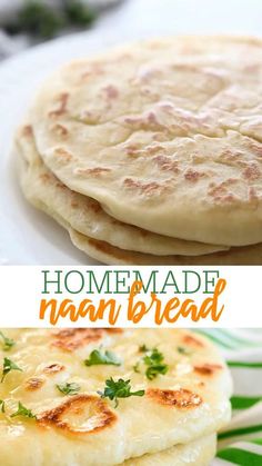 homemade naan bread on a white plate with text overlay that reads homemade naan bread