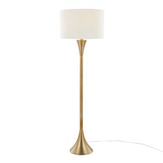 a gold lamp with a white shade on the base and a cord attached to it