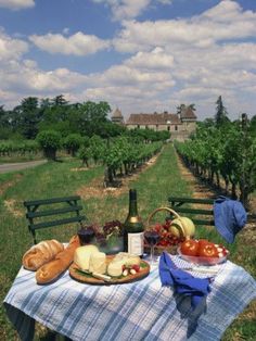 a picnic table with bread, fruit and wine on it in the middle of an orchard