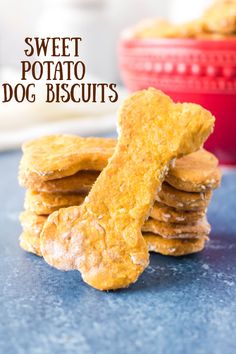 sweet potato dog biscuits stacked on top of each other with the words sweet potato dog biscuits above them