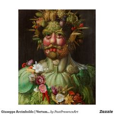 a painting of a man with fruit on his head and flowers in his hair is shown