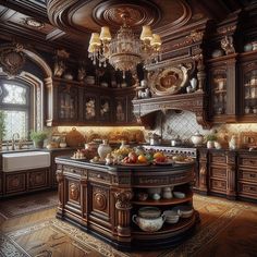 an ornate kitchen with chandelier and wooden cabinets