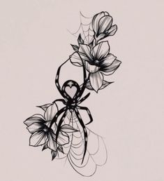 black and white drawing of flowers with spider on the bottom right corner, in front of a light gray background