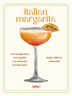 the italian margarita cocktail recipe is shown in an illustration with orange slices and garnish