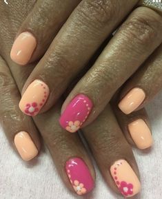 Fingernails Painted Summer, Peach Short Nails With Designs, Spring Nails Orange And Pink, Spring To Summer Nails, Spring Color Nails Gel, Fun Spring Nails Short, Pink Spring Nails Design, Nail Art Designs Summer Gel, May Gel Nails