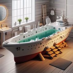 a large bath tub sitting on top of a wooden floor