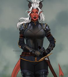 a drawing of a woman with white hair wearing armor and holding two swords in her hands