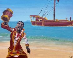 an oil painting of a man on the beach with a pirate ship in the background