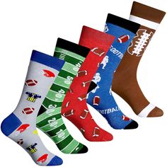 PRICES MAY VARY. Creative Socks: football socks in different colors come in different patterns, offering you more choices to match with different outfits, wear these novelty socks will draw people's attention easily, get many compliments and make you stand out from the crowd Soft and Breathable: football novelty socks are made of 80 percent cotton, 15 percent polyester and 5 percent spandex, full of flexibility, soft and breathable, can absorb sweat quickly to keep your feet dry throughout the d Creative Socks, Mens Novelty Socks, Boys Socks, Basketball Socks, Football Socks, Socks Gift, Men Socks, Men's Socks, Kinds Of Clothes