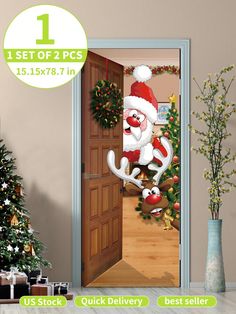 an open door with christmas decorations and santa clause on it