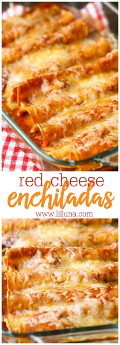 red cheesy enchiladas in a casserole dish on a checkered tablecloth