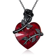 PRICES MAY VARY. 🌹【Design】The black rose surround the red heart ,black roses symbolize love with mystery，the red heart symbolizes fiery sincerity,express your sincere love to your loved ones use this necklace. 🍀【High quality material】The black rose necklace is made of 925 sterling silver. It will not easily change color, break, tarnish.No lead, No cadmium and friendly to skin, suitable long-term wear,you can buy with confidence. ✨【Size & Package】Pendant :26*20.3 mm Chain length: 18+2 inches. P Black Necklace With Rose Design For Gift, Black Necklace With Rose Design As Gift, Gothic Rose Colored Jewelry For Gift, Gothic Heart Necklace For Valentine's Day, Gothic Sterling Silver Necklace For Valentine's Day, Red Gothic Necklace Nickel Free, Gothic Red Necklace For Valentine's Day, Rose-colored Gothic Jewelry For Gift, Gothic Rose Jewelry For Gift