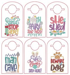 six door hangers with different sayings on them, each one has a dog's name