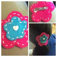 Make a hair bow using: felt, a hot glue gun, a needle and thread, a bobby pin/hair clip/ponytail. Optional: buttons. Cut out felt pieces. Sew them or stick them together. Sew or stick a button(s) on. Stick a hair clip, bobby pin or ponytail. You're done! Make A Hair Bow, Hair Clip Ponytail, Bobby Pin Hair, Clip Ponytail, Bobby Pin Hairstyles, Pin Hair, Bobby Pin, Felt Projects, Hot Glue Gun