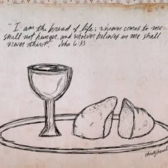 a drawing of bread and a wine glass on a plate