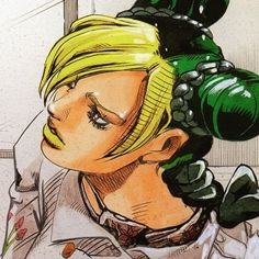 a drawing of a woman with yellow hair and green eyeliners on her face